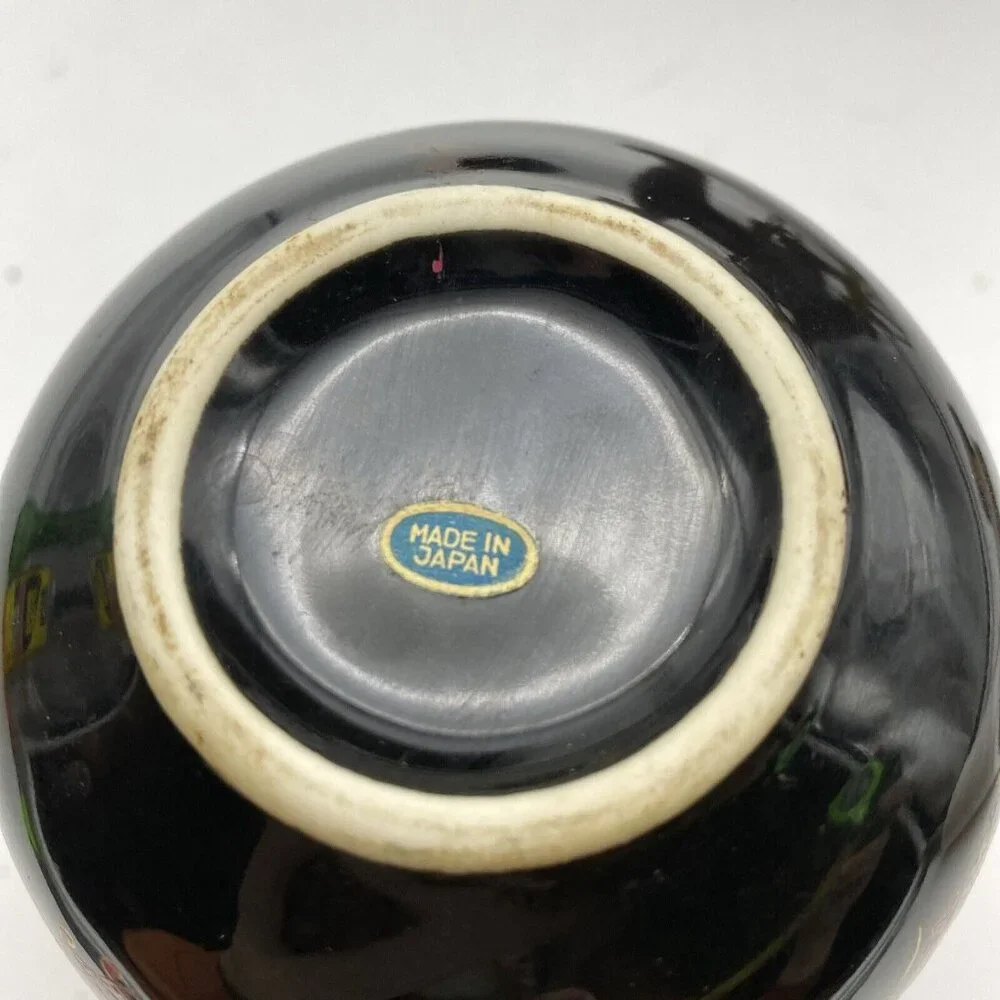 Vintage Japanese Black Floral Ceramic Vase‎ Ruffled Rim Gold Trim Cottagecore